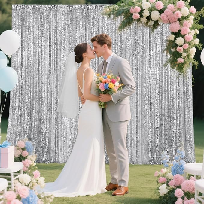 Silver Sequin Backdrop Curtain 2 Pieces 2FTx8FT Glitter Photography Backdrop for Party Wedding Birthday Christmas Decorations