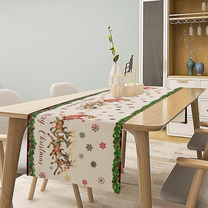 Christmas Table Runner,Xmas Deer Cute Santa Claus Red Plaid Pattern Printed Tablecloth Burlap for Hotel Indoors Outdoor Dining Room Kitchen Home Decor,W13X L108 in