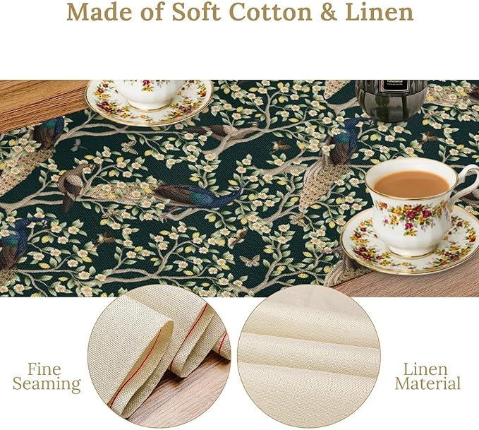 Peacock Table Runner,Retro Floral Plants Peacock Table Runner for Home Kitchen Dining Party Indoor Outdoor Decoration 13x70 Inch
