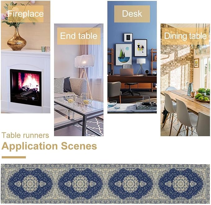 Boho Bohemia Style Dark Blue Table Runner, Country Rustic Farmhouse Magical Abstract Print Pattern for Home Kitchen Table Decor Dining Coffee Room Garden Party Decor 13x36in