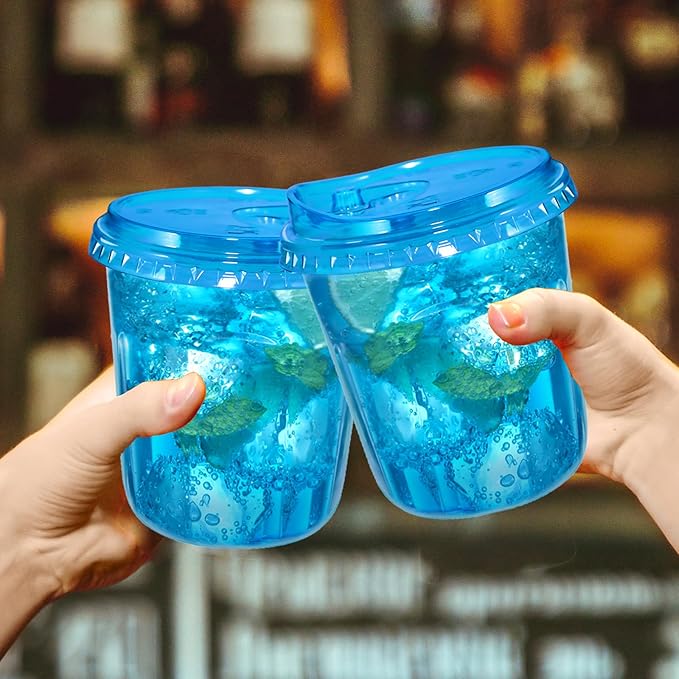 12oz Disposable Stemless Glasses With Strawless Sip Lids,PET Disposable Drinking Cups,Clear Plastic Wine Glasses for Parties Birthday,Wedding,Meeting,Christmas Party Supplies. (100, Blue)
