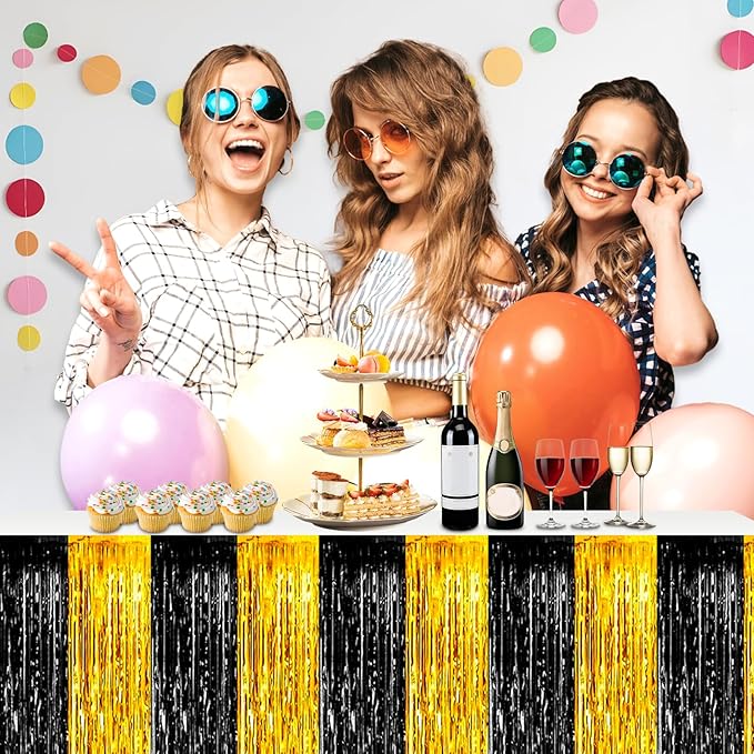 3 Pack 29x108 Inch Black Gold Foil Fringe Table Skirts Metallic Banner for Tinsel Streamer Garland Backdrop for Parade Floats Wedding Thanksgiving Birthday Christmas Halloween Party Decoration