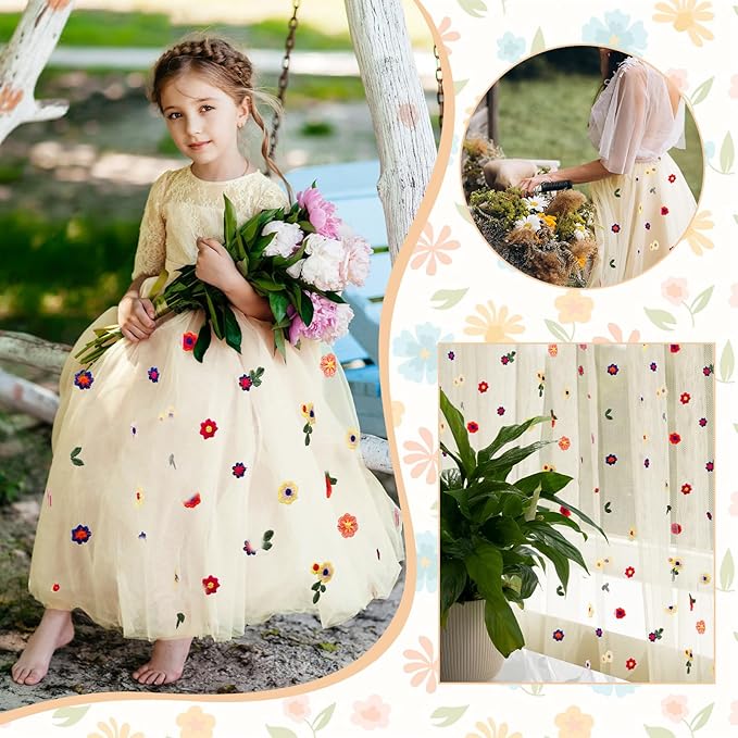 BINBE 1pcs Champagne Daisy Fall Table Runner Embroidery Gauze 10FT Florals Seasonal Tulle Holiday Birthday Kitchen Dining Table Decor for Home Party