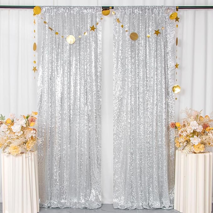 ShinyBeauty Silver Sequin Backdrop 2 Pieces, Photograph Background 7FTx7FT Shiny Gray Backdrop Curtains Panels Sparkly Backdrops Glitter Drapes for Weddding,Parties,Studio,Photo Decor（14FTx7FT）