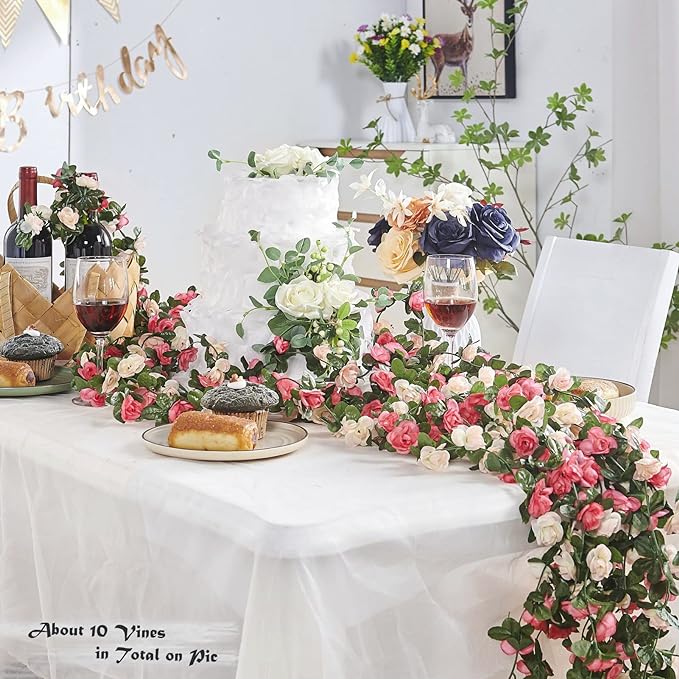 8 Pcs x 8.2 ft Flower Garland Artificial Rose Vine Flowers with Green Leaves Hanging Fake Roses Vine for Room Party Home Wedding Birthday Christmas Wall Arch Decor, Spring Pink Flower