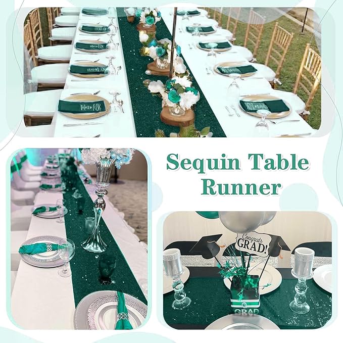 Sequin Table Runners 2 Pieces Emerald Green Table Runners 12x72 Inch Glitter Dining Table Cover for Party Wedding Birthday Reception Banquet Decoration Spring Party Chair Sashes