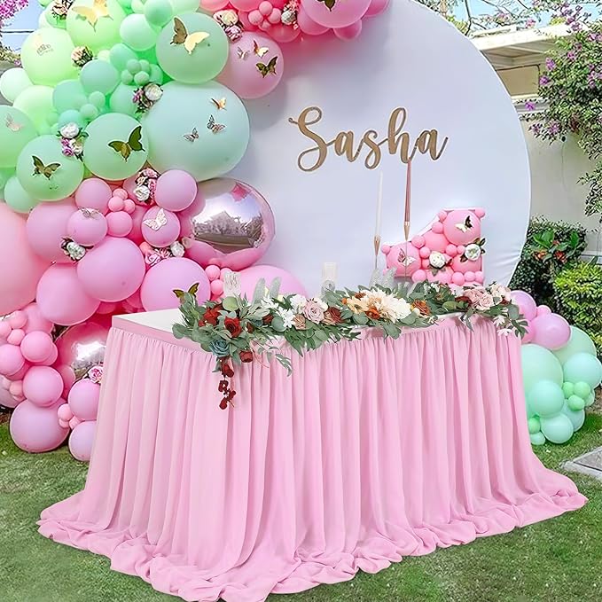 QueenDream Pink Sheer Table Skirts 14ft Chiffon Tablecloth for Rectangle Tables for Baby Shower Birthday Party Wedding Decorations
