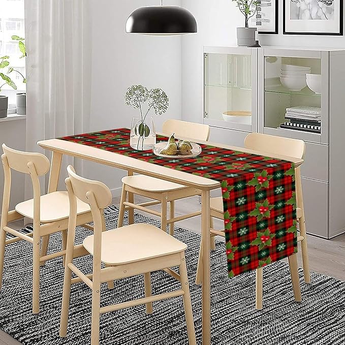 Christmas Table Runner, Red Check Plaid Winter Xmas Holiday Table Cloth Kitchen Dining Table Decoration for Home Party Decor 13x60 Inch