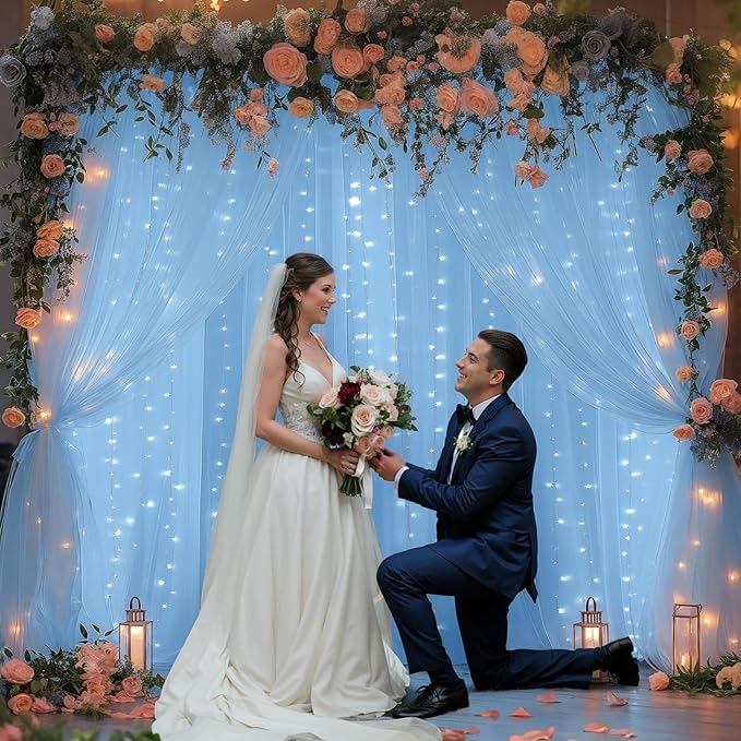 10x10ft Baby Blue Tulle Backdrop Curtains with Lights for Party Wedding Baby Shower, Sheer Wrinkle Free Backdrop Curtains for Birthday Party Photo Booth Background Decoration