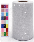 Glitter Tulle Fabric Rolls, 6 Inch 50 Yards (150ft) Sparkling Spool Ribbon Sequin Netting for Tutu Skirt Gift Wrapping Wedding Party Decoration (Silver)