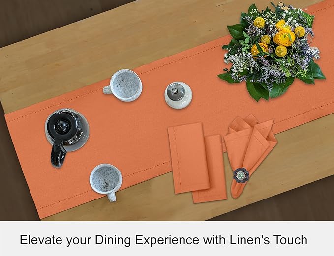 Ruvanti Linen Table Runner 108 Inches, Classic Hemstitch, Washable, Reusable, Non-Slipping, Stain Resistant- Perfect for Parties, Weddings, Dinners, Thanksgiving, Christmas, Indoor use – Orange