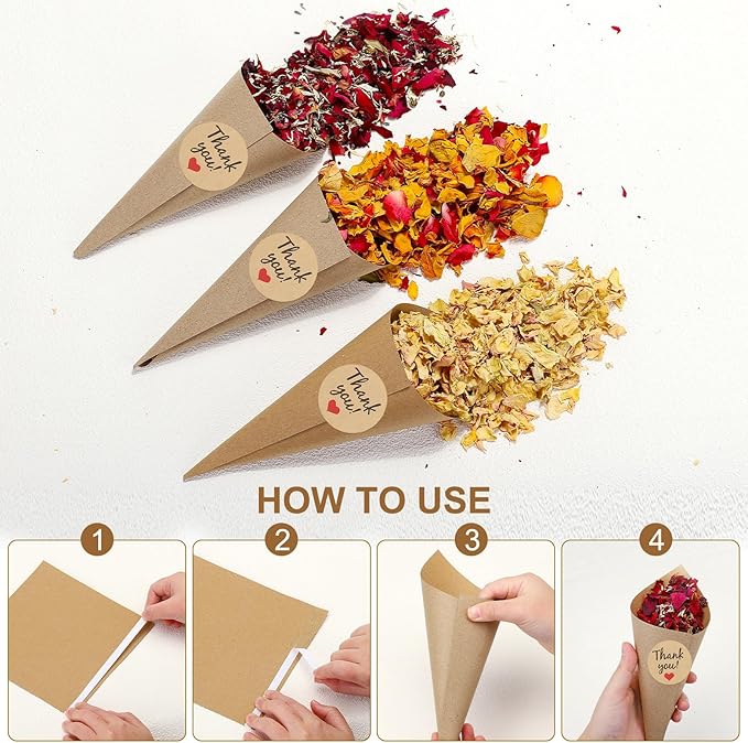 PATIKIL Dried Flower Confetti Cones, 30Pcs Paper Tapers Cone Holder with Dried Rose Petals / Sticker for Wedding Party Engagement Birthday DIY Decoration, Red
