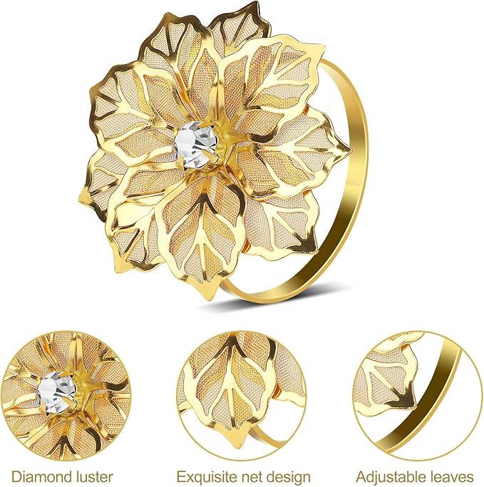 KPOSIYA Flower Napkin Rings Holder Metal Gold Napkin Rings Set of 12 for Wedding Party Holiday Banquet Christmas Dinner Delicate Serviette Buckles Decor Favor (12, Flower-Gold)