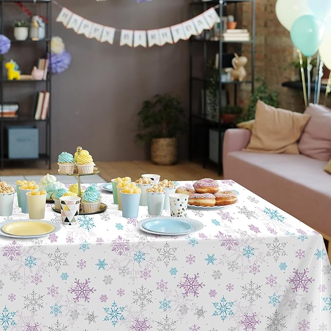 3 Pieces Christmas Snowflake Party Tablecloth Decorations,Plastic Purple and Blue Winter Wonderland Table Cover for Winter Christmas Birthday Holiday Party Decorations and Supplies,54x108 inch