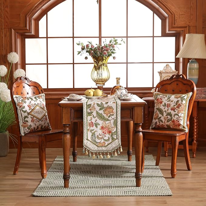 patdrea Designer Elegant French Floral Velvet Table Runner, Fresh Green with Orange Blossoms Pattern Table Mat, Decoration for Kitchen Dining Coffee Table Cabinet Banquet Thanksgiving,12"*71"