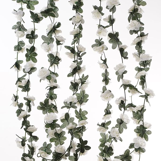 5 Pcs 41FT Flower Garland, Artificial Rose Garland Flowers Plants Fake Flower Hanging Rose Ivy, Birthday Party Valentine's Day Wedding Wall Arch Decor（White）