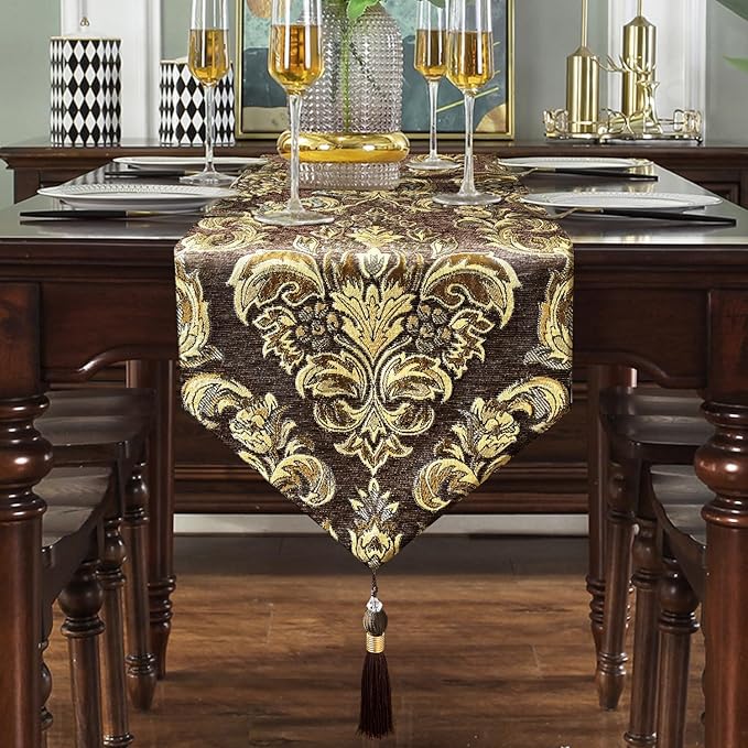 Embroidered Dark Brown Table Runners 120" Boho Thick Chenille Gold Floral Pattern for Party Decor