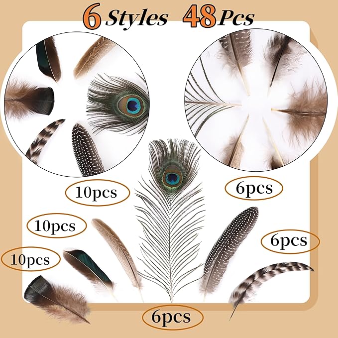 Holmgren 48pcs Natural Feathers Bulk - 6 Styles Assorted Peacock, Pheasant, Turkey Feathers for Craft DIY Jewelry Hat Wedding Home Party Decoration