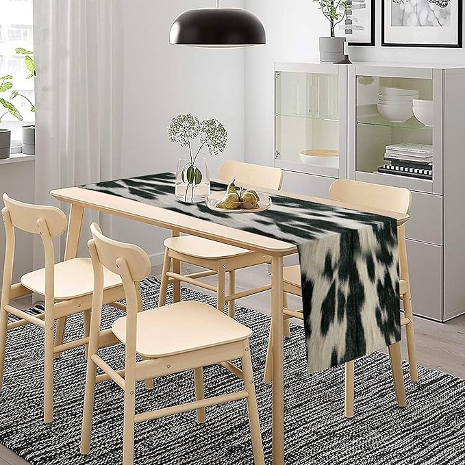 Rustic Cow Skin Print Table Runner, Country Farm Animal Fur Skin Pattern Western Style Brown Cowhide Print Cotton Linen Cottage Dinner Runner for Home Kitchen Dining, 13x36 Inch