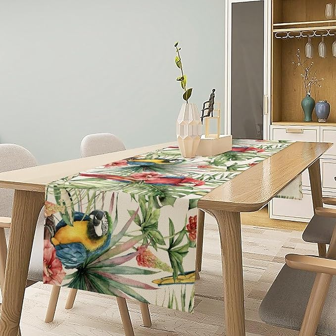 Parrot Table Runner,Tropical Palm Leaf Colorful Macaw Bird Watercolor Print Tablecloth Burlap for Hotel Indoors Outdoor Dining Room Kitchen Home Decor,W13X L108 in