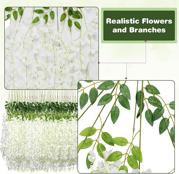 Wisteria Hanging Flowers,Fake Hanging Flowers,Wisteria artificiales Garland for Home Wedding Arch Floral Party Garden Ceremony Outdoor Decor,3.6 feet Long(12,White)