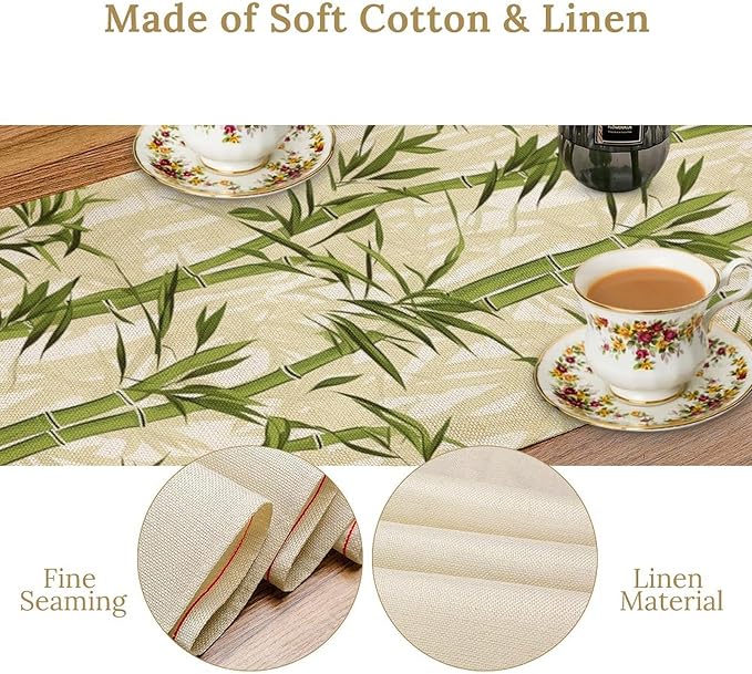 Bamboo Table Runner,Green Plant Leaf Pattern Table Cloth Kitchen Dining Table Home Party Decoration 13x90 Inch