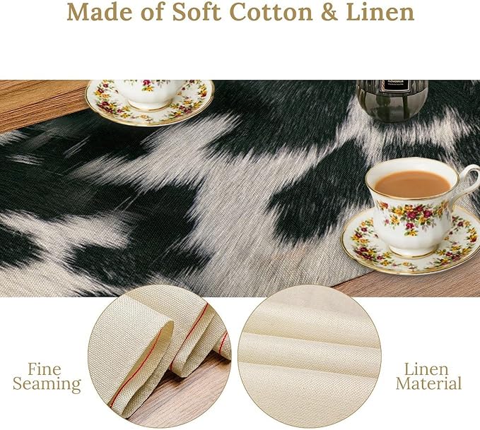 Cow Skin Print Table Runner, Rustic Country Farm Fur Skin Cowhide Pattern Western Style Black White Print Table Runner for Home Kitchen Dinning, 13x120 Inch