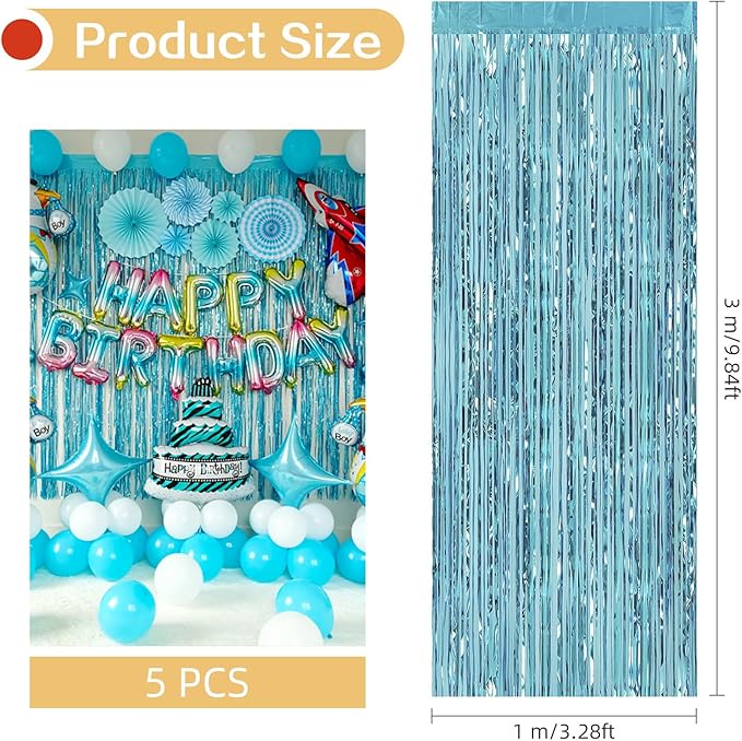 5 Pack Blue Foil Curtain Backdrop 3.2ft x 9.8ft Metallic Tinsel Foil Fringe Curtains Streamer Photo Booth Backdrop for Birthday Party Engagement Bachelorette Party Decorations (Light Blue)