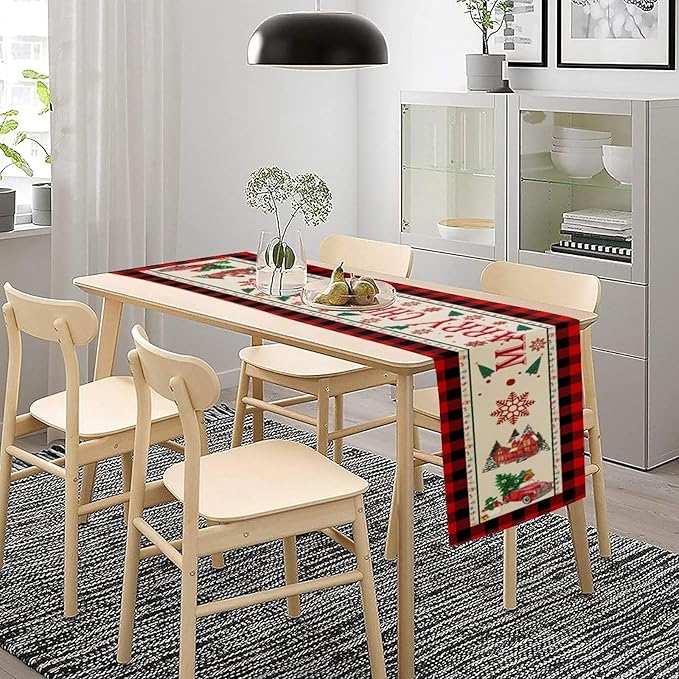 Merry Christmas Table Runner,Winter Xmas Holiday Table Cloth Kitchen Dining Table Decoration for Home Party Decor 13x90 Inch