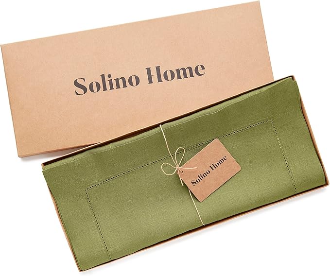 Solino Home Linen Table Runner 120 Inches Long - 100% Pure Linen Avocado Green Table Runner 14 x 120 Inch for Fall, Autumn, Thanksgiving - Classic Hemstitch