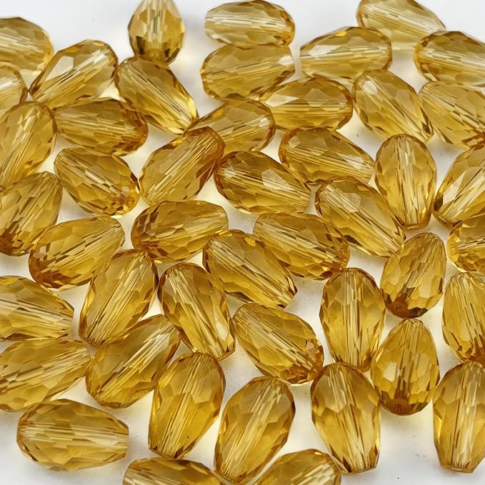 130pcs 6x8mm Teardrop Crystal Glass Beads for Jewelry Making, Faceted Vertical Hole Teardrop Glass Spacer Beads for Wind Chimes Bracelet Earring Necklace DIY Craft(Gold Champagne)