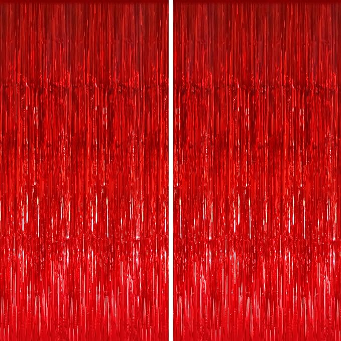 GOER 3.2 ft x 8.2 ft Metallic Tinsel Foil Fringe Curtains,Party Streamer Backdrop for Birthday,Graduation Decorations and New Year Eve (2 Packs,Red)