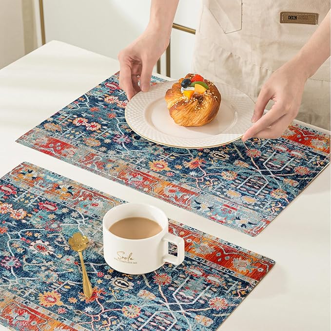 Snycler Table Runner Boho Table Runners Vintage Elegant Farmhouse Table Center Linen Decor for Home Dining Party Entrance (12x18 Inch,Set of 4) Boho-Blue&Red