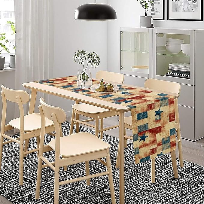 4th of July Table Runner, Rustic Vintage Country Red White Blue American Stars Independence Day Print Table Cover for Farmhouse Kitchen Dining Table Decor, 13x60inch