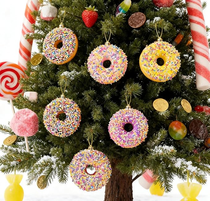 LANGXUN 6pcs Donut Candy Land 2025 Xmas Birthday Party Wedding Suppiles Decoration, Hanging Candy Cane Christmas Tree Décor, Christmas Decorative Hanging Ornaments Crafts