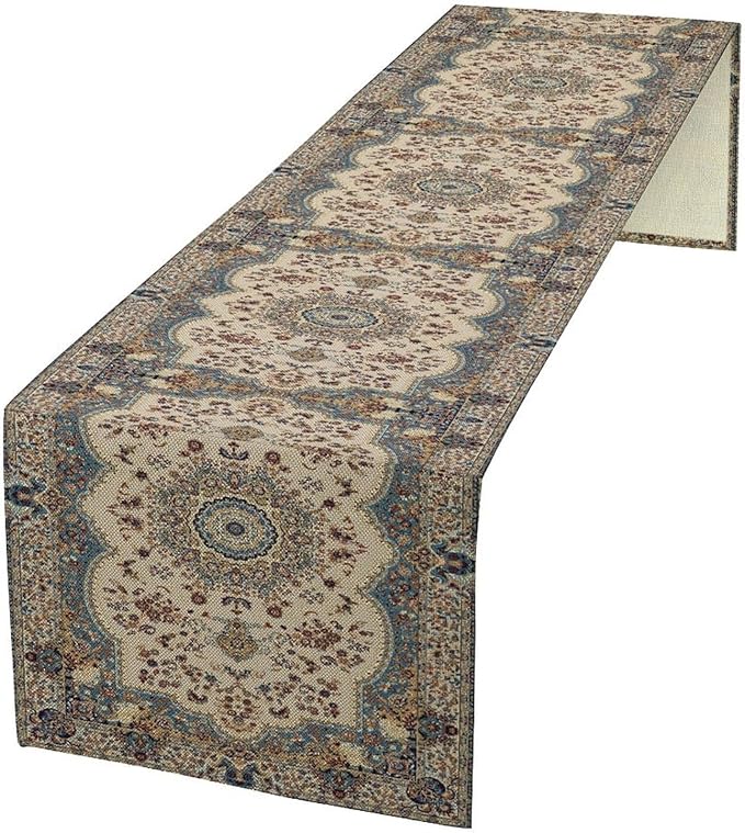 Boho Bohemia Style Table Runner, Vintage Blue Teal Gold Retro Flower Rustic Country Style Floral Print Pattern for Home Kitchen Table Decor Dining Coffee Room Garden Party Decor 13x120in