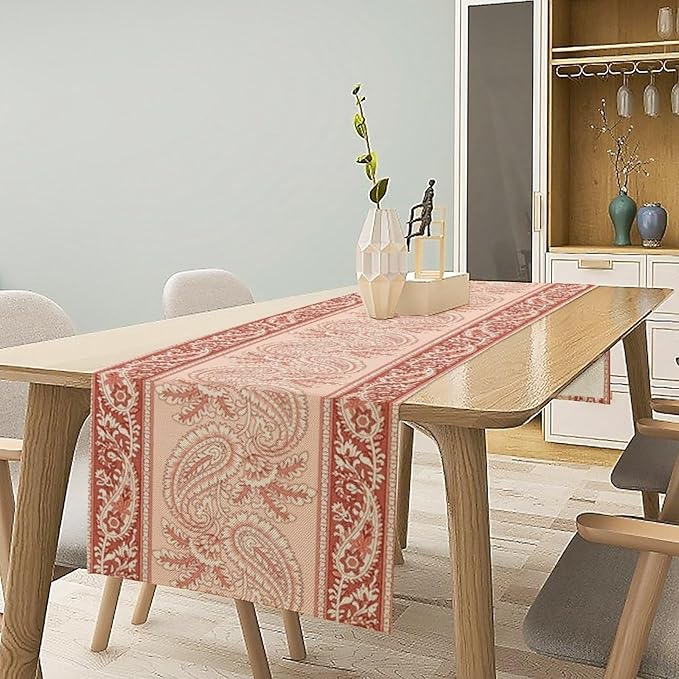 Pink Paisley Table Runner, Abstract Vintage Boho Paisley Flowers Leaves Print Table Runner for Home Kitchen Dining Room Wedding Party Decor, 13x120inch