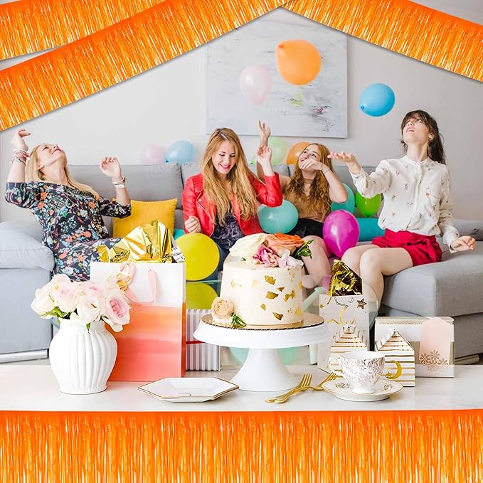 4 Pack 10 Ft Macaron Orange Foil Fringe Garland Metallic Streamers Tinsel Banner Wall Hanging Garland Backdrop for Parade Floats, Halloween, Christmas, Thanksgiving, New Year Party Decorations
