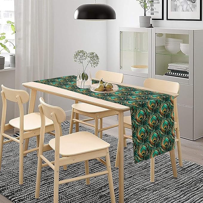 Peacock Feather Table Runner,Retro Aesthetic Green Table Runner for Home Kitchen Dining Party Indoor Outdoor Decoration 13x120 Inch