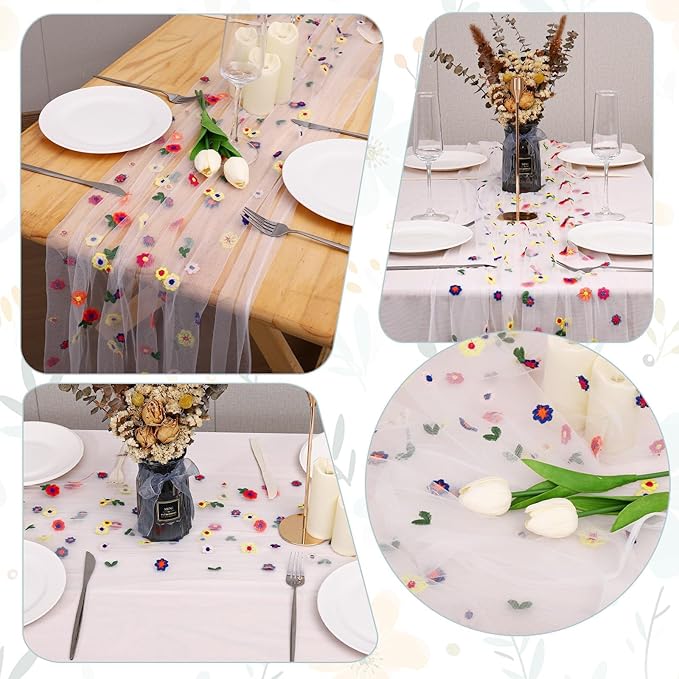 Lvory Floral Table Runner 10 FT, Embroidery Daisy Table Runners Seasonal Sheer Tulle Table Runner for Thanksgiving Wedding Birthday Baby Shower Party ﻿