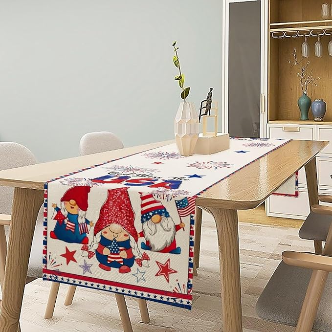 Cute Patriotic Gnomes Table Runner, American Independence Day 4th of July Gnome Blue Red Fireworks Confetti Print Table Runner for Home Kitchen Dining Table Party Decor, 13x60inch