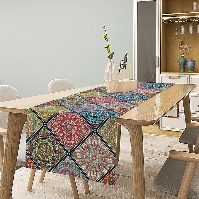 Boho Bohemian Table Runner, Vintage Indian Floral Print Table Cover for Farmhouse Kitchen Dining Table Decor Holiday Party, 13x60inch
