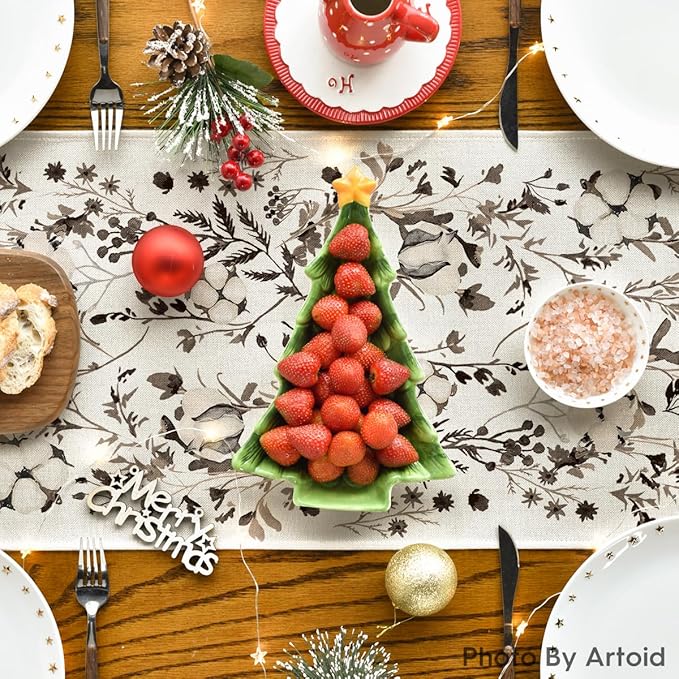 Artoid Mode Leaves and Flowers Cotton 210 GSM Winter Table Runner, Seasonal Christmas Kitchen Dining Table Decoration for Home Party Decor 13x72 Inch