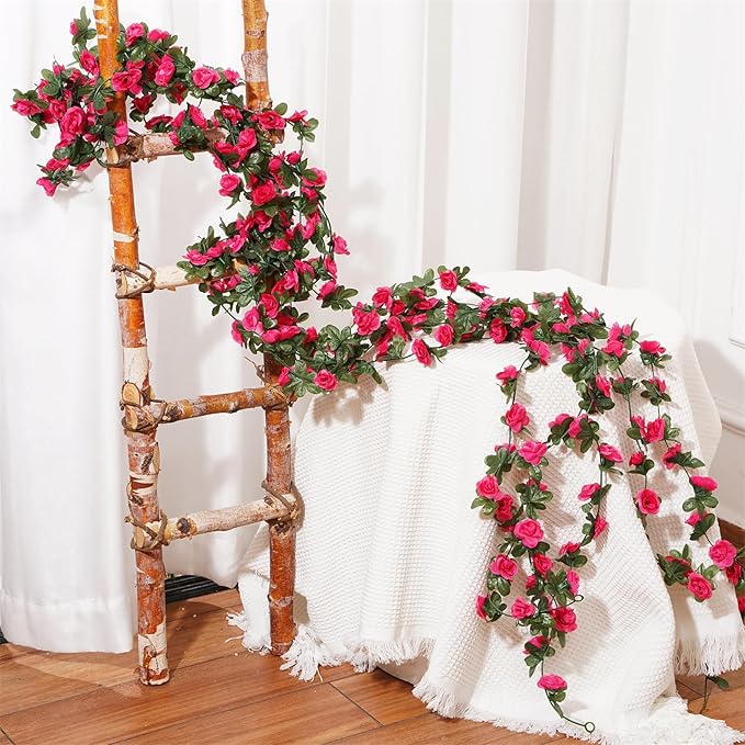 5 Pcs 41FT Flower Garland, Artificial Rose Garland Flowers Plants Fake Flower Hanging Rose Ivy, Birthday Party Valentine's Day Wedding Wall Arch Decor（Fuchsia）