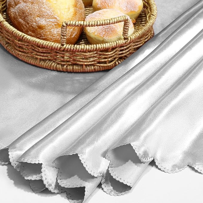 KKJIAF 1 Pack 108 Inch Round Table Cloth, Silver Overlay Round Satin Table Cover, Silky Satin Dining Tablecloths for Wedding Buffet Parties Banquet Decoration