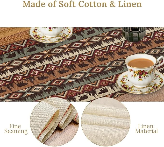 Retro Cabin Table Runner Rustic Bear Forest Farmhouse Lodge Jungle Table Runner for Dinner Party Living Room Kitchen Aztec Vintage 13x90 Inch