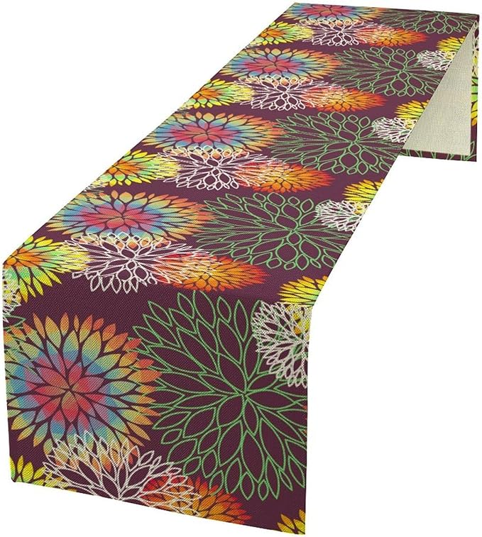 Brown Dahlia Flower Table Runner, Linen Geometric Pattern Floral Table Decor Spring Farmhouse Decorations for Kitchen Dining Holiday Party Decor, 13x120 Inch