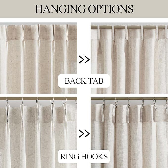 Vision Home Natural Pinch Pleated Semi Sheer Curtains Textured Linen Blended Light Filtering Window Curtains 112 inch for Living Room Bedroom Pinch Pleat Drapes with Hooks 2 Panels 42" Wx112 L