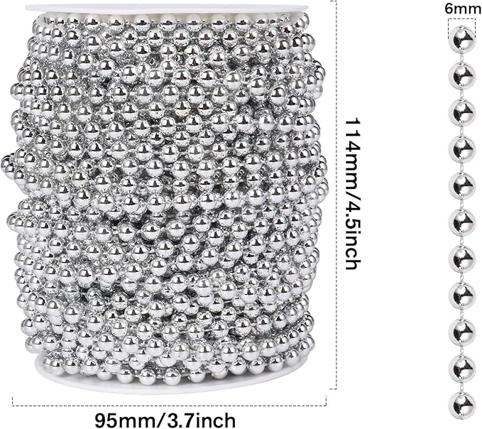 [98 Feet] Silver Pearl Beads Garland, 6MM 33 Yards Silver Faux Pearl Beads String Roll Bulk for DIY Craft Christmas Tree Wedding Party Decoration