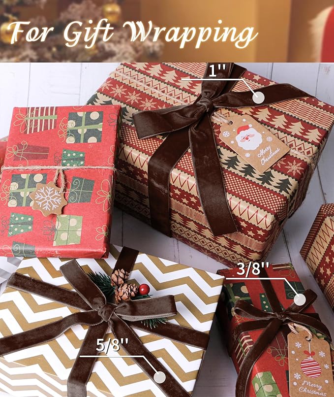 Brown Velvet Ribbon 3/8'' 25 Yards for Christmas Tree, Gift Wrapping, Flower Bouquet, Wreath Decorations, Bow Making